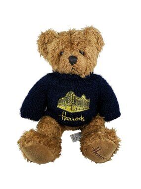 Harrods Knightsbridge 12-Inch Teddy Bear Blue Knit Sweater Gold Embroidery